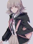  1girl akitsu_(davis0527dx) backpack bag bangs black_jacket black_shirt breasts brown_eyes collared_shirt commentary_request danganronpa_(series) danganronpa_2:_goodbye_despair dress_shirt flipped_hair galaga grey_shirt hair_ornament hood hood_down hooded_jacket jacket long_sleeves looking_at_viewer medium_hair nanami_chiaki neck_ribbon pleated_skirt ribbon shirt shirt_tucked_in skirt solo two-tone_shirt 