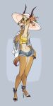  2017 amber_eyes antelope anthro baggy_clothing bottomwear bovid clothing cutoffs denim denim_clothing disney ear_piercing ear_ring female fingers gazelle gazelle_(zootopia) hand_on_leg hand_on_thigh hat headgear headwear high_heels hooved_fingers hooves horn mammal navel piercing shorts simple_background solo standing sun_hat topwear yellow_clothing yellow_topwear yelnatsdraws zootopia 