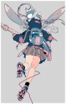  1girl backpack bag bird blue_jacket border checkered_clothes checkered_skirt commentary_request daisukerichard facing_away grey_background guitar highres holding holding_instrument hood insect_wings instrument jacket long_sleeves miniskirt original penguin pink_hair safety_pin shoes skirt socks solo white_border wings 