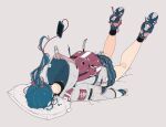  1girl backpack bag black_legwear blue_hair commentary_request daisukerichard earphones grey_background highres hood hoodie legs_up long_sleeves miniskirt original phone pillow pin ponytail shoes simple_background skirt socks solo 