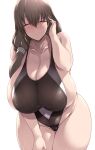  1girl animal_ears ass_visible_through_thighs bangs black_swimsuit breasts brown_hair cat_ears cleavage closed_mouth collarbone commentary_request curvy eyebrows_visible_through_hair hair_between_eyes hand_on_own_thigh highres huge_breasts jewelry leaning_forward long_hair one-piece_swimsuit over_shoulder ring simple_background smile solo swimsuit taut_clothes taut_swimsuit tied_hair tsukasawa_takamatsu uzaki-chan_wa_asobitai! uzaki_tsuki wedding_ring wet white_background 