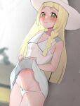  1girl against_wall blonde_hair blurry blurry_background blush breasts closed_mouth clothes_lift cowboy_shot dress dress_lift gatchan green_eyes hat highres lifted_by_self lillie_(pokemon) long_hair looking_at_viewer navel panties pokemon pokemon_(game) pokemon_sm raised_eyebrows short_dress small_breasts solo stomach sweat tearing_up underwear white_dress white_headwear white_panties 