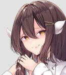  1girl alternate_costume azur_lane brown_hair close-up collared_shirt commentary_request curled_horns empty_eyes eyelashes face hair_between_eyes hair_ornament hairclip horns looking_at_viewer mikasa_(azur_lane) pink_lips schreibe_shura shaded_face shirt simple_background solo yellow_eyes 