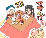  black_hair blush child drawing hello_kitty_(character) houraisan_kaguya inaba_tewi kotatsu koyama_shigeru long_hair multiple_girls open_mouth rabbit_tail short_hair skirt table tail touhou toy_car translation_request under_kotatsu under_table white_hair yagokoro_eirin younger 