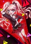  1girl :d absurdres arm_up bangs bear_hair_ornament black_choker black_shirt blue_eyes bow breasts choker cleavage danganronpa:_trigger_happy_havoc danganronpa_(series) enoshima_junko hair_ornament hand_on_hip highres large_breasts long_hair nail_polish necktie plaid plaid_skirt red_background red_bow red_skirt shan_ji_jing_wu_(sngktry) shiny shiny_hair shirt sign skirt smile solo teeth twintails two-tone_necktie upper_teeth w warning_sign 