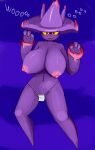  anthro big_breasts breasts cactuscacti clothed clothing english_text female mismagius nintendo pok&eacute;mon pok&eacute;mon_(species) simple_background solo solo_focus spell_tag text topless topless_female video_games 