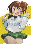  1girl :d absurdres artist_name black_neckerchief black_ribbon blouse blush brown_eyes brown_hair cowboy_shot girls_und_panzer green_skirt hair_ribbon highres koyama_yuzu kuroneko_douji leg_lift long_sleeves looking_at_viewer medium_hair neckerchief ooarai_school_uniform pleated_skirt ribbon sailor_collar school_uniform serafuku short_ponytail skirt smile solo white_blouse white_sailor_collar 