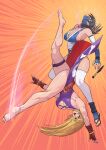  2girls absurdres bangs barefoot blonde_hair breasts cirenk cleavage dress fatal_fury feet fighting garou:_mark_of_the_wolves gloves highres jenet_behrn jolly_roger jumping kicking leg_up long_hair multiple_girls muscular muscular_female ninja purple purple_dress purple_skirt sandals skirt sleeveless sleeveless_dress snk standing standing_on_one_leg the_king_of_fighters the_king_of_fighters_xv upskirt 