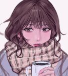  1girl beige_scarf blue_jacket brown_eyes brown_hair brown_scarf coffee cup earrings eyebrows_visible_through_hair grey_background highres holding holding_cup jacket jewelry korean_commentary mug open_mouth original portrait scarf siri_(siri2064) sketch solo striped striped_scarf 