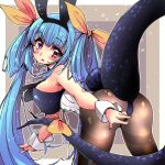  1girl animal_ears ass bangs bare_shoulders black_leotard blue_hair blush bow bowtie breasts cleavage corset dizzy_(guilty_gear) eyebrows_visible_through_hair fake_animal_ears gloves guilty_gear guilty_gear_xrd hair_between_eyes hair_ribbon hair_rings iguana_henshuu-chou large_breasts leaning_forward leggings leotard long_hair looking_at_viewer looking_back monster_girl open_mouth pantyhose playboy_bunny rabbit_ears rabbit_tail red_eyes ribbon sideboob solo tail thighhighs twintails wrist_cuffs yellow_ribbon 