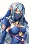 1girl azura_(fire_emblem) bare_shoulders blue_dress blue_gloves blue_hair breasts closed_mouth dress elbow_gloves fingerless_gloves fire_emblem fire_emblem_fates gloves hair_between_eyes hand_on_own_stomach jewelry large_breasts long_hair looking_at_viewer mouth_veil necklace see-through simple_background sleeveless sleeveless_dress smile solo ten_(tenchan_man) upper_body veil very_long_hair white_background yellow_eyes 