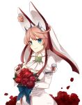  1girl ahoge animal_ears blue_bow blue_eyes blush bow breasts bridal_veil cleavage closed_mouth clover dress earrings elphelt_valentine eyebrows_visible_through_hair fake_animal_ears flower four-leaf_clover guilty_gear guilty_gear_xrd huge_ahoge jewelry koto_(shiberia39) large_breasts petals pink_hair rabbit_ears red_flower red_rose rose short_hair simple_background smile solo veil wedding_dress white_background 
