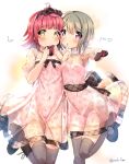  2girls :&lt; ahoge back_bow bangs black_footwear black_legwear blush boots bow breasts brown_ribbon candy checkered chestnut_mouth chocolate choker commentary_request dress english_text eyebrows_visible_through_hair finger_to_mouth food hair_bow hairband hands_up heart heart-shaped_chocolate highres holding holding_chocolate holding_food index_finger_raised leg_up light_brown_hair looking_at_viewer love_live! love_live!_nijigasaki_high_school_idol_club multiple_girls nakasu_kasumi navel panties pink_dress pink_eyes pink_hair pink_panties ribbon see-through see-through_dress see-through_sleeves shoes short_hair simple_background small_breasts tennouji_rina thighhighs thighs underwear valentine yellow_eyes yuuki_fumi_(kueg7288) 