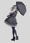  1girl absurdres black_dress black_legwear dress gothic_lolita grey_background grey_umbrella hair_between_eyes hair_ornament hair_ribbon high_heels highres idolmaster idolmaster_cinderella_girls kanzaki_ranko lolita_fashion long_sleeves looking_at_viewer looking_back medium_hair pantyhose parasol puffy_dress red_eyes ribbon serious silver_hair simple_background sketch solo twintails umbrella zhibuji_loom 