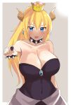  1girl bare_shoulders black_leotard black_nails blonde_hair blue_eyes blush bowsette bracelet breasts brooch cleavage collar collarbone covered_navel crown curvy earrings fingernails horns jewelry large_breasts leotard long_hair looking_at_viewer mario_(series) new_super_mario_bros._u_deluxe plunging_neckline pointing pointing_at_viewer pointy_ears ponytail setsuna_(ontama634) sharp_fingernails sharp_teeth skirt solo spiked_bracelet spiked_collar spikes strapless strapless_leotard super_crown teeth upper_teeth 