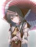  1girl absurdres ascot bow brown_hair detached_sleeves hair_bow hair_tubes hakurei_reimu highres holding holding_umbrella long_hair long_sleeves looking_at_viewer oil-paper_umbrella rain ribbon-trimmed_sleeves ribbon_trim smile solo touhou tqg_07 umbrella upper_body wide_sleeves 