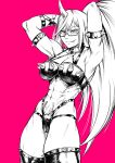  absurd_res armband bikini camel_toe clothing collar demon demon_humanoid eyewear female glasses grin hair hands_behind_head hi_res horn humanoid humanoid_pointy_ears kneesocks_daemon legwear muscular muscular_female not_furry panty_and_stocking_with_garterbelt partially_colored pink_background ponytail simple_background smile solo speedl00ver spikes swimwear thigh_highs 
