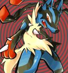  1boy akadako animal_ears animal_hands black_fur blue_fur body_fur commentary_request fang furry furry_male legs_apart looking_down lucario male_focus mega_lucario mega_pokemon open_mouth partial_commentary pokemon pokemon_(creature) red_background red_eyes red_fur snout solo spikes standing wolf_boy wolf_ears yellow_fur 