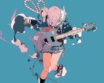  1girl backpack bag bell black_legwear blue_jacket daisukerichard highres holding holding_instrument holding_plectrum instrument jacket jingle_bell kouhaku_nawa long_sleeves looking_down miniskirt original oversized_object pink_hair plectrum rope shimenawa shoes skirt socks solo 