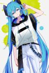  1girl belt blue_eyes blue_hair blue_nails commentary cowboy_shot drawstring expressionless hair_ornament half-closed_eyes hand_up hatsune_miku highres hood hoodie long_hair looking_down nail_polish pants see-through_shirt short_sleeves solo splatter_background very_long_hair vocaloid wanaxtuco white_hoodie 