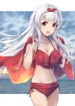  1girl bikini blue_sky breasts brown_eyes cleavage cloud cowboy_shot frilled_bikini frills hairband highres horizon kantai_collection long_hair looking_at_viewer medium_breasts minosu ocean red_bikini red_hairband shoukaku_(kancolle) sky solo standing swimsuit towel white_hair 