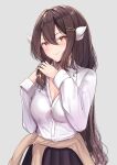  1girl alternate_costume alternate_hairstyle azur_lane blush breasts brown_hair casual cleavage clothes_around_waist collared_shirt commentary_request cowboy_shot curled_horns grey_background hair_between_eyes horns light_smile long_hair long_sleeves looking_at_viewer mikasa_(azur_lane) nanairogaoka_middle_school_uniform pleated_skirt school_uniform schreibe_shura shirt skirt solo sweater sweater_around_waist very_long_hair wavy_hair white_shirt 