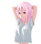  1girl abi_(user_nzav7333) absurdres arms_up bangs closed_mouth guilty_crown hair_between_eyes hair_ornament hairclip hands_in_hair highres long_hair midriff navel pink_hair red_eyes shirt short_sleeves simple_background solo stomach t-shirt upper_body white_background white_shirt yuzuriha_inori 