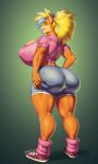  2022 accessory activision anthro bandicoot big_breasts big_butt black_nose blonde_hair blue_highlights bottomwear breasts butt clothing crash_bandicoot_(series) curvy_figure female footwear gradient_background hair hair_accessory hairband half-closed_eyes hi_res highlights_(coloring) holding_butt hotpants huge_breasts huge_butt jindragowolf lipstick looking_at_viewer looking_back makeup mammal marsupial midriff narrowed_eyes nipple_outline rear_view shirt shoes short_hair shorts signature simple_background smile sneakers solo standing t-shirt tawna_bandicoot teeth thick_thighs topwear video_games voluptuous 