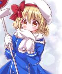  1girl adapted_costume alternate_headwear beret blonde_hair blue_coat blush bow coat commentary_request gloves hat hat_bow highres holding holding_sign kana_anaberal long_sleeves pom_pom_(clothes) road_sign scarf short_hair sign snow touhou touhou_(pc-98) white_bow white_gloves white_headwear white_scarf winter winter_clothes winter_coat yellow_eyes yurufuwa_milk 