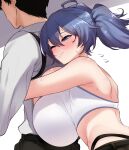  1boy 1girl absurdres black_hair blue_eyes blue_hair breast_press breasts crop_top eyebrows_visible_through_hair faceless faceless_male highres hug hug_from_behind huge_breasts midriff one_eye_closed original ricochet-gou shirt simple_background standing sweat twintails whale_tail_(clothing) white_shirt 