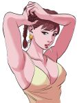  1girl adjusting_hair armpits arms_up braid braided_bun braiding_hair breasts brown_eyes brown_hair chun-li double_bun earrings hairdressing highres imajun jewelry large_breasts looking_at_viewer mouth_hold open_mouth simple_background solo street_fighter white_background 