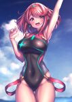  1girl absurdres bangs black_swimsuit breasts chest_jewel competition_swimsuit covered_collarbone covered_navel gem hakusai_(hksicabb) headpiece highres large_breasts one-piece_swimsuit pyra_(pro_swimmer)_(xenoblade) pyra_(xenoblade) red_eyes red_hair red_swimsuit ribbed_swimsuit short_hair solo strapless strapless_swimsuit striped striped_swimsuit swept_bangs swimsuit tiara two-tone_swimsuit vertical-striped_swimsuit vertical_stripes xenoblade_chronicles_(series) xenoblade_chronicles_2 