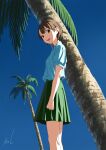  1girl arm_at_side blue_sky brown_eyes brown_hair green_skirt highres looking_at_viewer mac_naut nozomi_(sonny_boy) open_mouth outdoors palm_tree short_hair short_sleeves skirt sky solo sonny_boy standing summer tree uniform 
