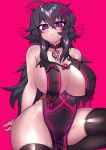  1girl absurdres ahoge black_legwear breasts china_dress chinese_clothes choker cleavage covered_nipples crawling_dreams dress english_commentary hair_ornament heart heart-shaped_pupils highres huge_breasts long_hair messy_hair nipples nyarla_(osiimi) osiimi pendant_choker pink_background purple_eyes purple_hair revealing_clothes simple_background smile symbol-shaped_pupils thick_thighs thighhighs thighs very_long_hair wide_hips 