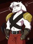  2022 abs anthro armor athletic axe belt biceps bottomwear bovid caprine claws clothed clothing digital_media_(artwork) fan_character fur gloves goat haibet handwear holding_object holding_weapon legwear male mammal melee_weapon muscular muscular_male pants shoulder_pads simple_background solo solo_focus standing straps topwear weapon 