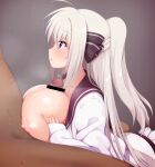  1boy 1girl blue_eyes blush breasts eyebrows_visible_through_hair hetero large_breasts long_hair looking_at_another lyrical_nanoha nipples no_bra open_clothes open_mouth paizuri ponytail rinne_berlinetta shinki_(shinki59) shiny shiny_hair shiny_skin silver_hair vivid_strike! 
