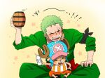  2boys beer_mug blush bottle crossed_legs cup feet_out_of_frame froth green_hair green_kimono hand_up happy holding japanese_clothes kimono male_focus milk_bottle mug multiple_boys one_piece roronoa_zoro scar scar_across_eye short_hair sideburns smile taro_(honyarara00) tony_tony_chopper translation_request 