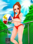  1girl ball beachball bikini brown_hair feet_out_of_frame looking_at_viewer mature_female pool sasori-sanin summer swimsuit takagi-san thighs tied_hair 