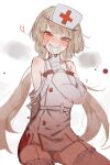  1girl at2. blood blood_on_clothes blood_on_face blush brown_hair fang fingerless_gloves garter_straps gloves grin hat highres long_hair nurse nurse_cap original parted_lips red_eyes smile solo teeth thighhighs twintails v_over_mouth white_gloves white_legwear 