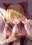  1girl absurdres blonde_hair blush bow bowtie brown_vest collared_shirt eating eyebrows_visible_through_hair feathered_wings food gengetsu_(touhou) hair_between_eyes hair_bow hand_in_own_hair highres holding holding_food ice_cream ice_cream_cone long_sleeves looking_at_viewer maboroshi_mochi nail_polish pink_nails red_bow red_bowtie shirt solo touhou touhou_(pc-98) upper_body vest white_shirt white_wings wings yellow_eyes 