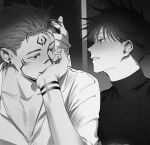  2boys arm_tattoo black_hair collarbone ear_piercing facial_tattoo fushiguro_megumi hair_between_eyes hair_twirling hand_in_another&#039;s_hair hand_on_own_cheek hand_on_own_face jujutsu_kaisen kamome_(penguin_n) looking_at_another male_focus monochrome multiple_boys parted_lips piercing ryouko_(tenchi_muyou!) shirt short_hair sideburns spiked_hair sweater tattoo turtleneck turtleneck_sweater undercut yaoi 