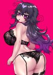  1girl absurdres ahoge arched_back ass back black_bra black_panties blush bra breasts crawling_dreams curvy food food_in_mouth garter_straps highres huge_breasts large_breasts lingerie long_hair looking_at_viewer looking_to_the_side magenta_background messy_hair multicolored_hair nyarla_(osiimi) osiimi panties pink_background pocky purple_eyes purple_hair simple_background thick_thighs thighs underwear undressing wide_hips 