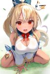  1girl arm_support bangs bird blonde_hair blue_bow blurry blurry_background blurry_foreground blush bow bowtie breasts cleavage commentary_request crossed_bangs dark-skinned_female dark_elf dark_skin depth_of_field detached_sleeves dress elf eyebrows_visible_through_hair hair_bow high_ponytail highres hololive indian_style large_breasts leaning_forward looking_at_viewer multicolored_hair open_hand open_mouth outdoors pi_tayuko pointy_ears ponytail red_bow red_eyes shadow shiny shiny_hair shiranui_flare short_dress sidelocks sitting solo streaked_hair teeth upper_teeth virtual_youtuber white_dress white_hair white_sleeves 