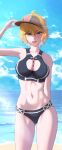  1girl beach blonde_hair blue_eyes breasts cleavage fiora_(xenoblade) green_eyes hat highres large_breasts looking_at_viewer mercury_xeno navel open_mouth short_hair simple_background smile solo swimsuit xenoblade_chronicles xenoblade_chronicles_(series) 