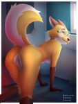  absurd_res anthro bed bedroom butt canid canine elysianelly eyewear female fox furniture genitals glasses hi_res kneeling mammal on_hind_legs pussy raised_tail rear_view solo thick_thighs wide_hips 