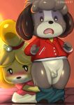  animal_crossing anthro assisted_exposure balls biped blonde_hair blush bottomless brother brother_and_sister brown_body brown_fur brown_hair canid canine canis clothed clothing diacordst digby_(animal_crossing) domestic_dog duo embarrassed female flaccid foreskin fully_clothed fur genitals hair hi_res isabelle_(animal_crossing) male mammal nintendo open_mouth pantsing penis shih_tzu sibling simple_background sister small_penis topwear toy_dog undressing_another video_games yellow_body yellow_fur 