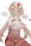  1girl at2. blood blood_on_clothes blood_on_face brown_hair fingerless_gloves garter_straps gloves hat highres long_hair mask mouth_mask nurse nurse_cap original red_eyes solo thighhighs twintails v_over_mouth white_gloves white_legwear 