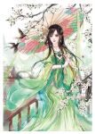  1girl absurdres baiguio_(zhu_xian) bi_yao_zhuye bird brown_hair dress green_dress hair_ornament highres long_hair railing smile tree umbrella weibo_id zhu_xian 