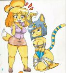  2021 5_fingers accessory animal_crossing ankha_(animal_crossing) anthro bare_shoulders barefoot big_breasts black_eyes black_nose blonde_hair blue_hair bottomwear breasts brown_clothing brown_footwear brown_shoes canid canine canis cleavage clothed clothing dipstick_tail domestic_cat domestic_dog duo egyptian feet felid feline felis female fingers footwear fur hair hair_accessory hands_between_legs holding_object isabelle_(animal_crossing) key kneeling mammal markings nintendo open_mouth pencil_skirt purple_clothing purple_shirt purple_topwear ring_(marking) ringtail shih_tzu shirt shoes skirt standing tail_markings topwear toy_dog two_tone_tail vampiricpig video_games white_body white_fur yellow_body yellow_fur 