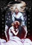  2girls black_pants blonde_hair blood blood_on_clothes blood_on_face dark-skinned_female dark_skin dress dress_shirt flower glasses hand_on_another&#039;s_face hand_on_another&#039;s_thigh hellsing highres integra_hellsing long_hair long_sleeves multiple_girls pants pokerharem seras_victoria shirt short_hair white_dress white_shirt 